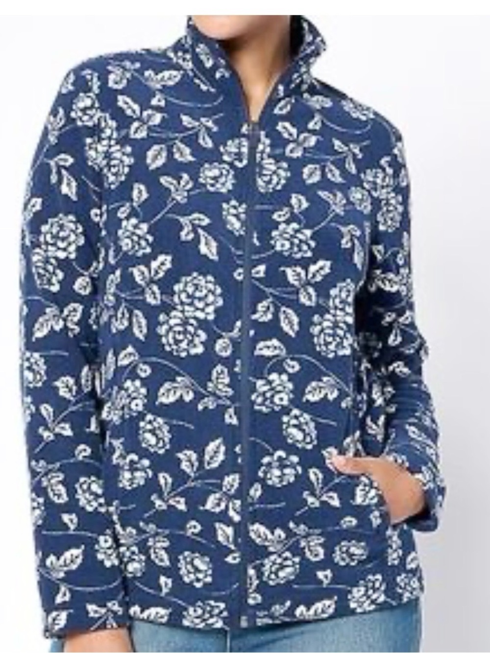 Lands' End Women's L 14-16 Fleece Jacket Blue White Floral Rose Full Zip NWT